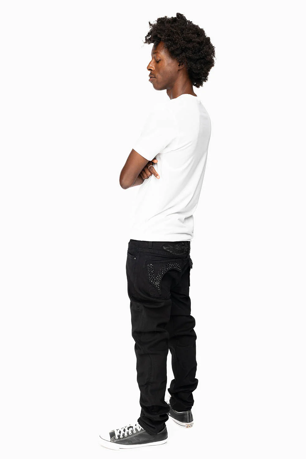 KILLER FLAP MENS SKINNY JEANS IN BLACK ON BLACK WITH CRYSTALS - Image 3