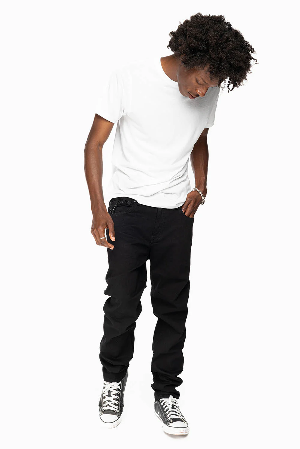 KILLER FLAP MENS SKINNY JEANS IN BLACK ON BLACK WITH CRYSTALS - Image 4