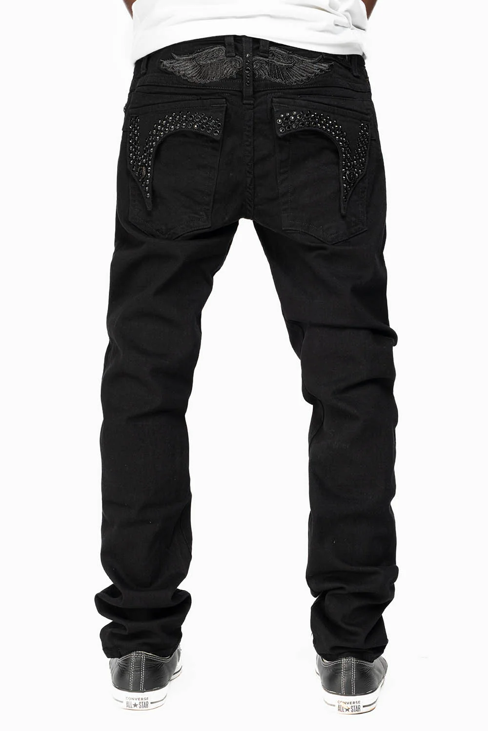 KILLER FLAP MENS SKINNY JEANS IN BLACK ON BLACK WITH CRYSTALS - Image 6
