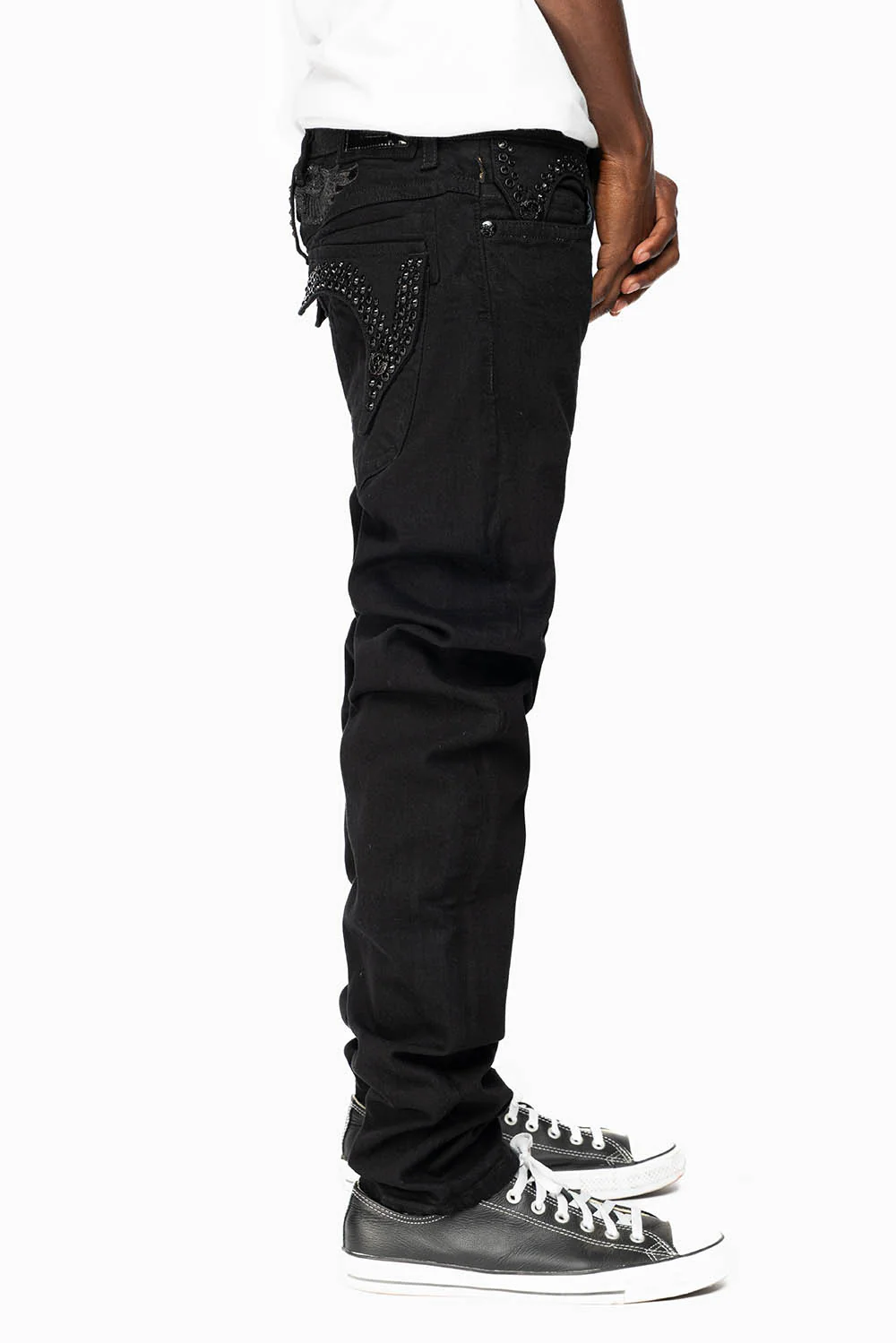 KILLER FLAP MENS SKINNY JEANS IN BLACK ON BLACK WITH CRYSTALS - Image 7