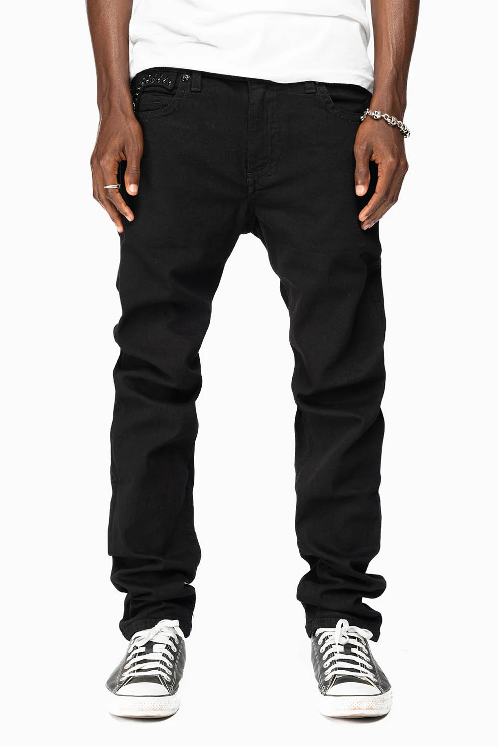 KILLER FLAP MENS SKINNY JEANS IN BLACK ON BLACK WITH CRYSTALS - Image 8
