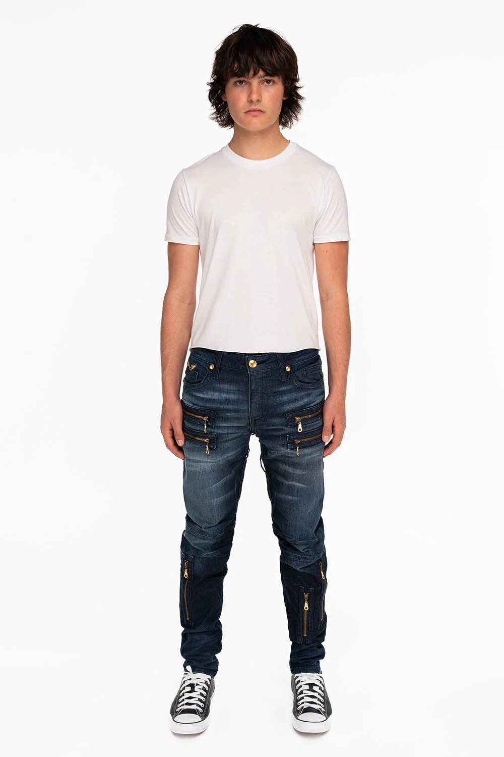 MENS NEW BIKER SKINNY JEANS IN LIBERTY DARK BLUE WITH GOLD WINGS - Image 3