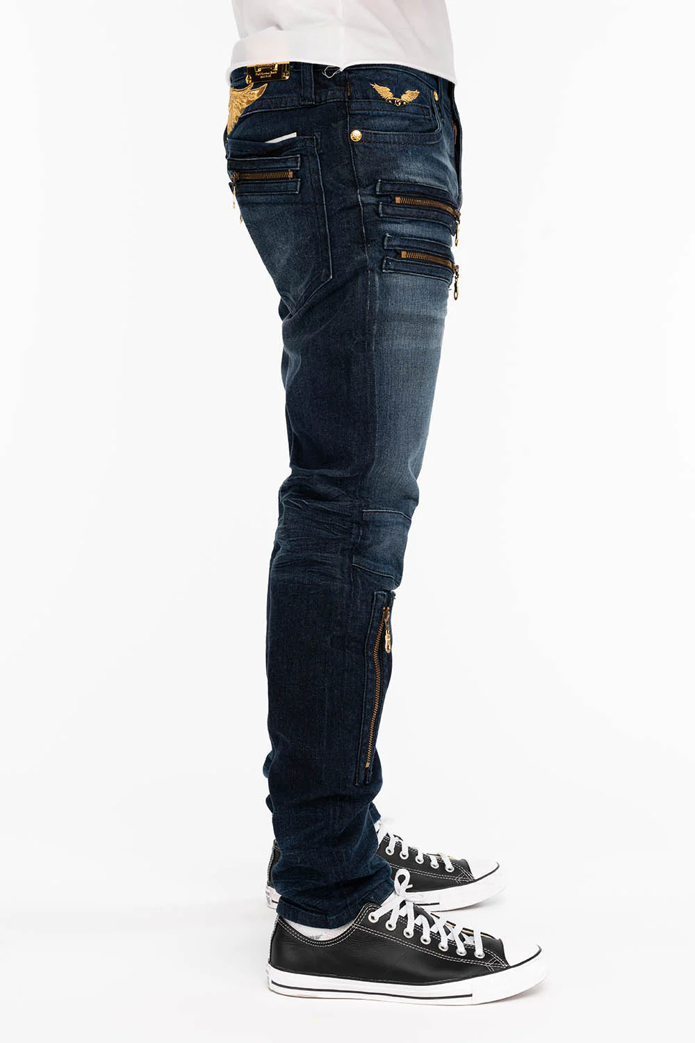 MENS NEW BIKER SKINNY JEANS IN LIBERTY DARK BLUE WITH GOLD WINGS - Image 4