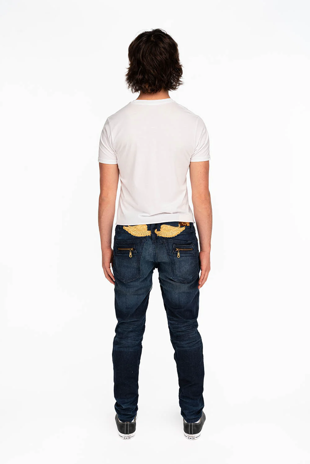 MENS NEW BIKER SKINNY JEANS IN LIBERTY DARK BLUE WITH GOLD WINGS - Image 5