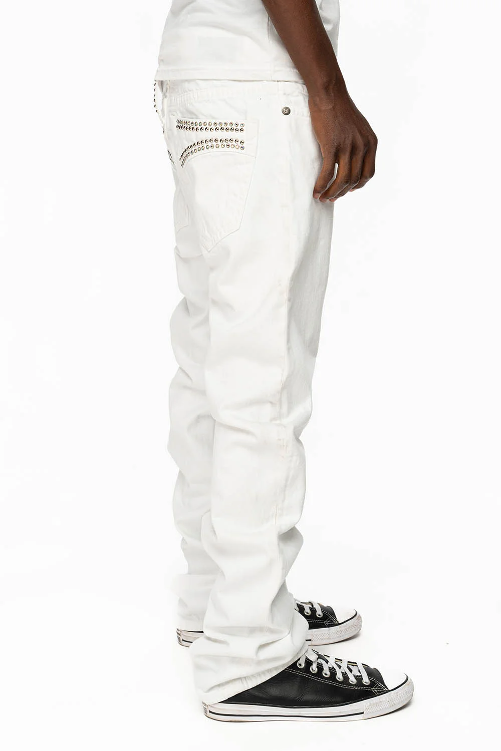 MENS CLASSIC 5 POCKET STRAIGHT LEG JEANS IN WHITE WITH STUDS AND CRYSTALS - Image 3