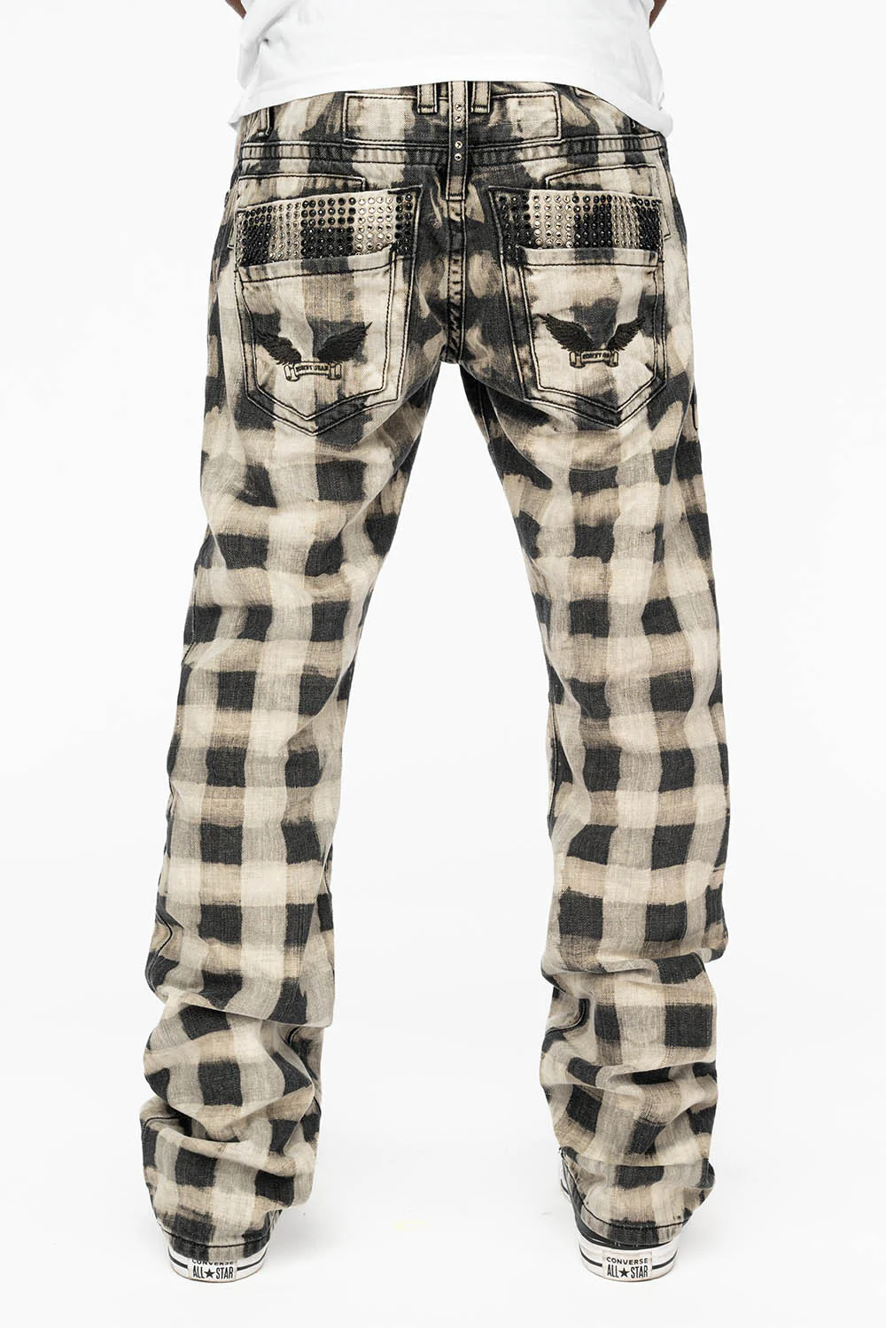 MENS DOUBLE BACK POCKET JEANS WITH CRYSTALS IN CHESS PATTERN CHARLOT WASH - Image 4