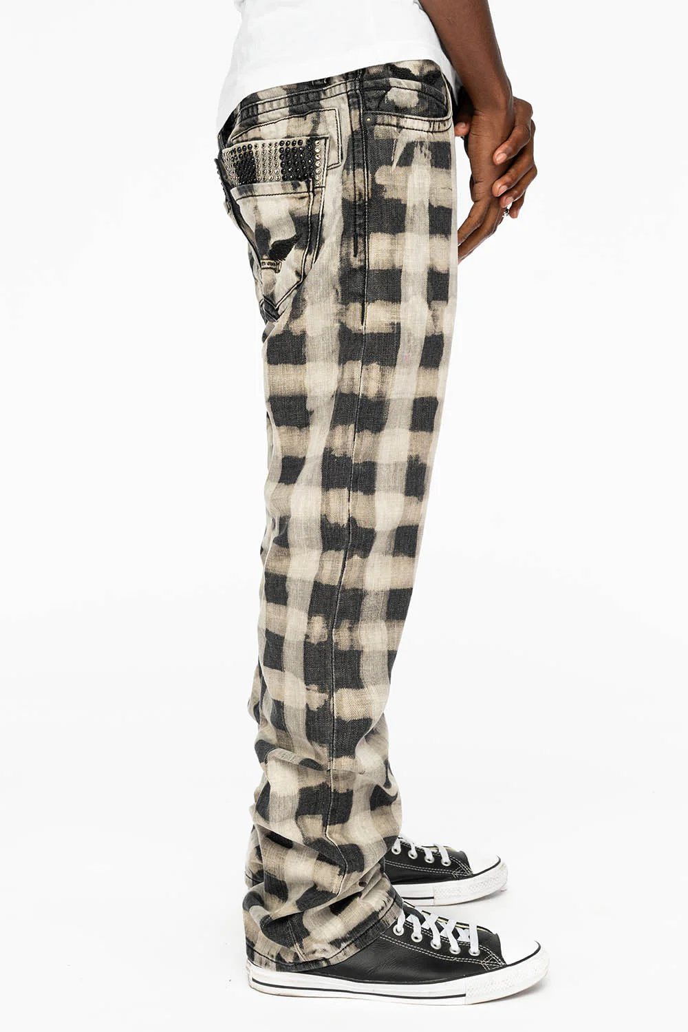 MENS DOUBLE BACK POCKET JEANS WITH CRYSTALS IN CHESS PATTERN CHARLOT WASH - Image 5