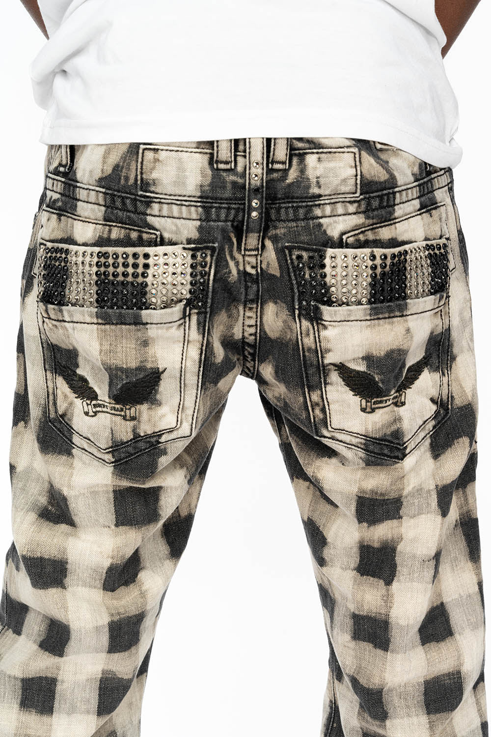 MENS DOUBLE BACK POCKET JEANS WITH CRYSTALS IN CHESS PATTERN CHARLOT WASH - Image 6