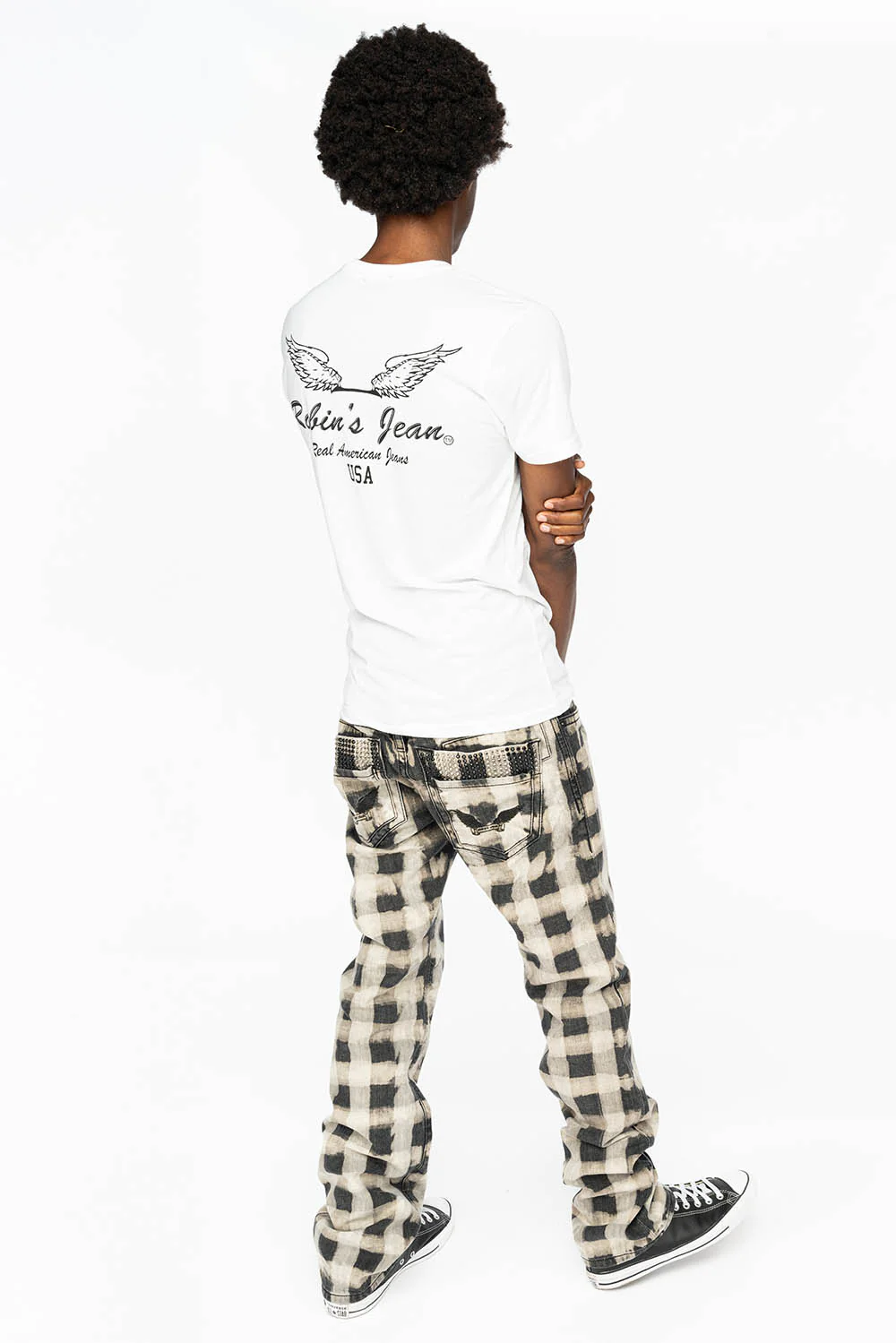 MENS DOUBLE BACK POCKET JEANS WITH CRYSTALS IN CHESS PATTERN CHARLOT WASH - Image 7