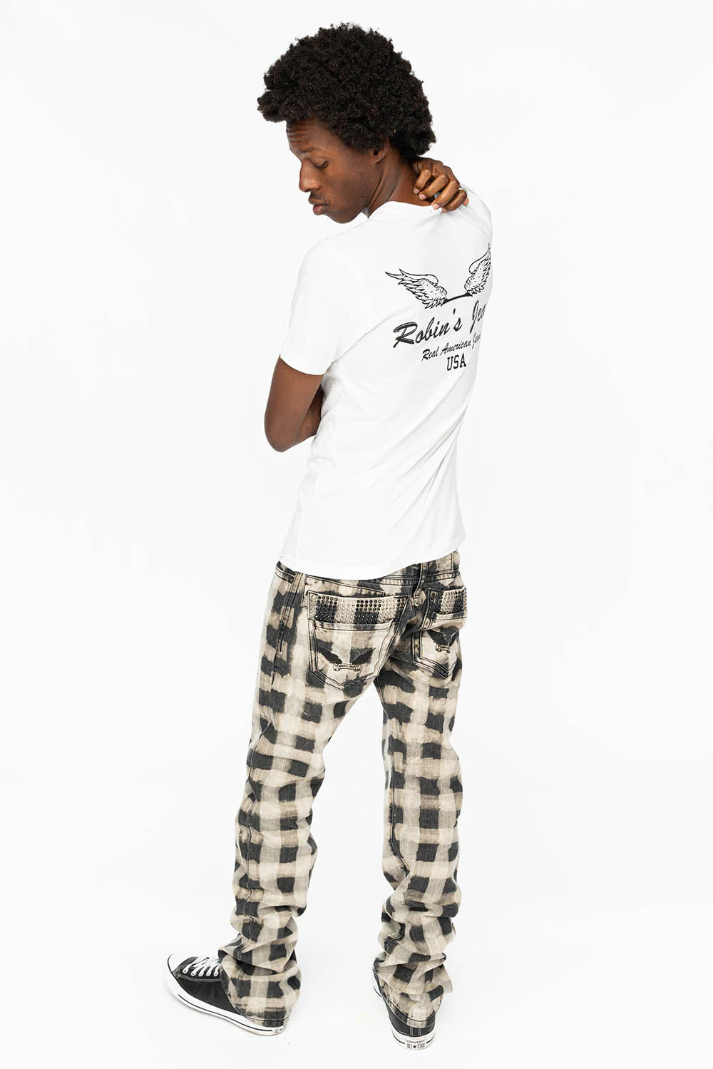 MENS DOUBLE BACK POCKET JEANS WITH CRYSTALS IN CHESS PATTERN CHARLOT WASH - Image 8