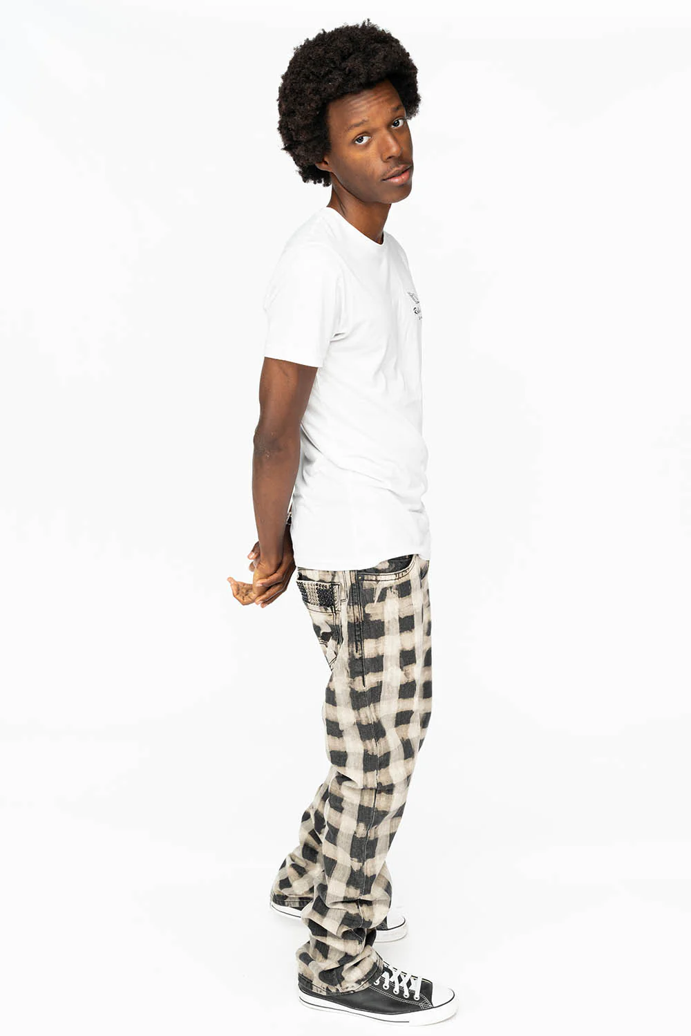 MENS DOUBLE BACK POCKET JEANS WITH CRYSTALS IN CHESS PATTERN CHARLOT WASH - Image 9