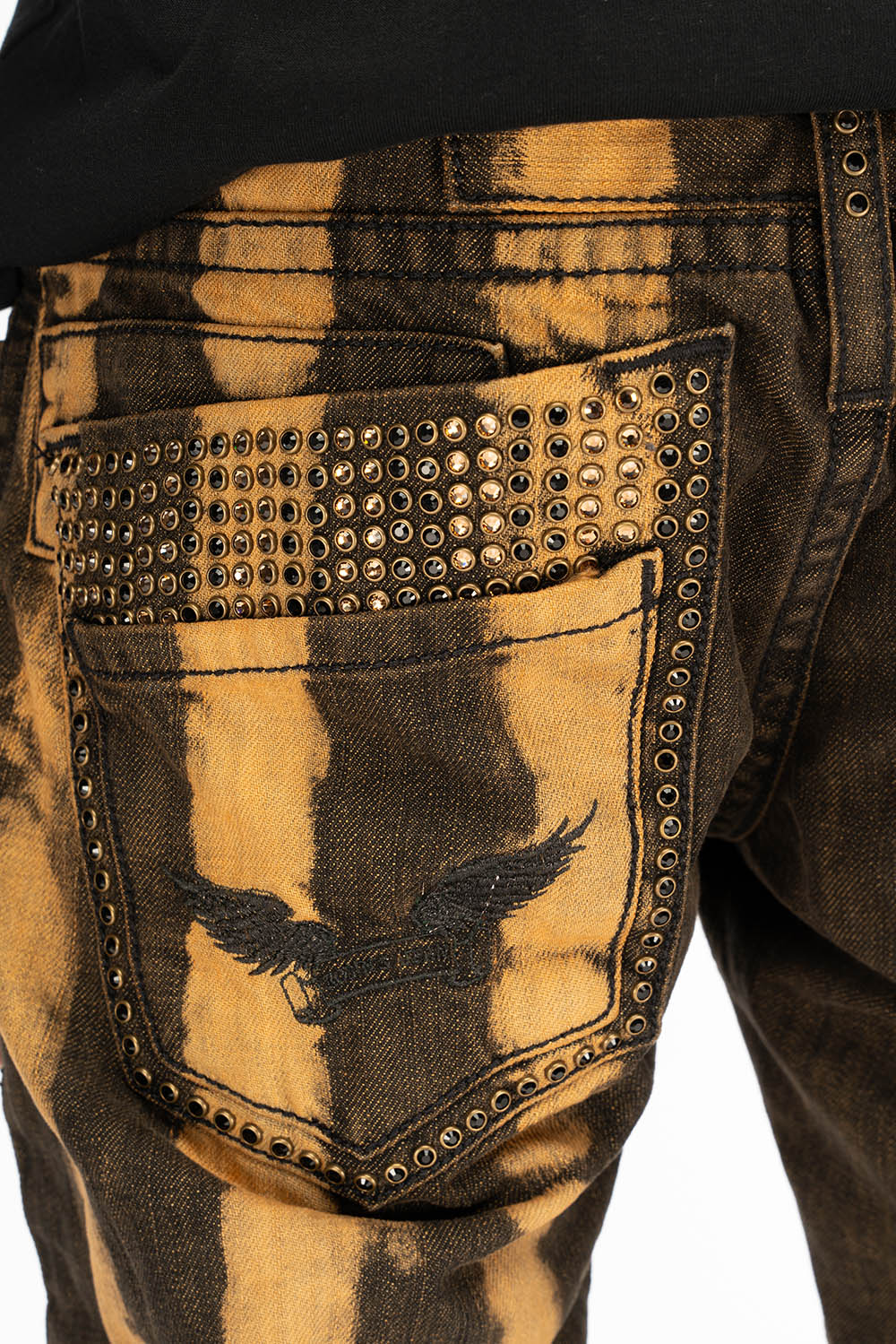 MENS DOUBLE BACK POCKET PRISONER TAN WASH JEANS WITH EMBALLISHMENT - Image 6