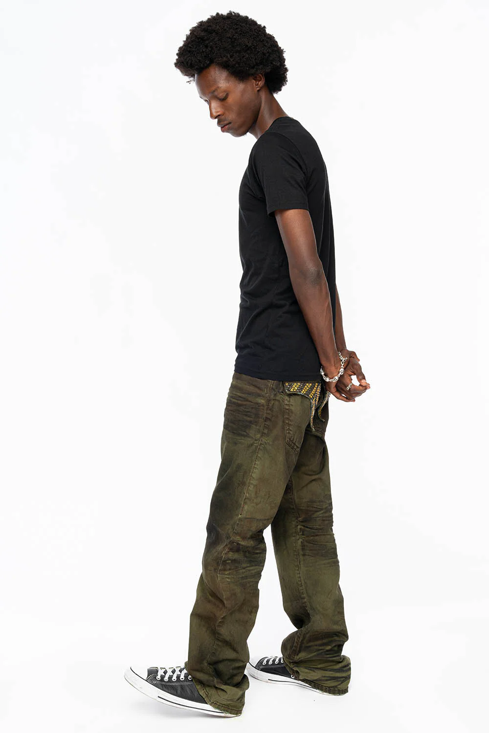 MENS LONG FLAP  BOOT CUT JEANS WITH  CRYSTALS IN FASHION VINTAGE GREEN - Image 3