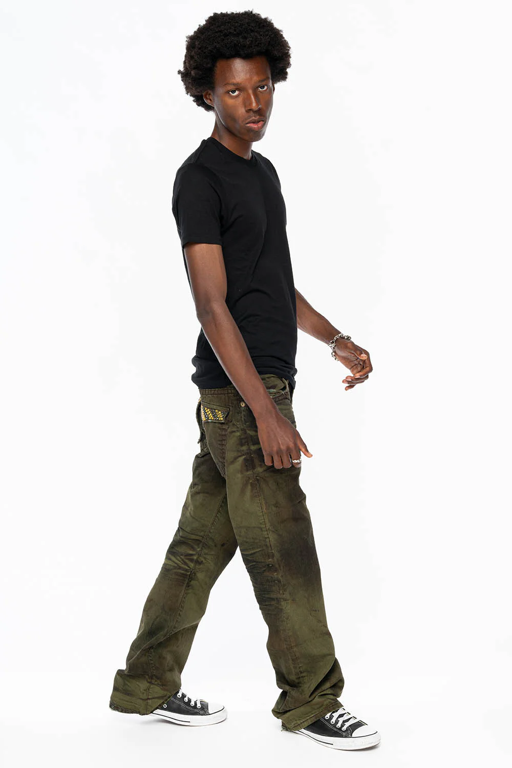 MENS LONG FLAP  BOOT CUT JEANS WITH  CRYSTALS IN FASHION VINTAGE GREEN - Image 4