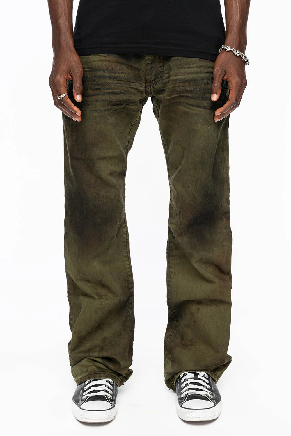 MENS LONG FLAP  BOOT CUT JEANS WITH  CRYSTALS IN FASHION VINTAGE GREEN - Image 5