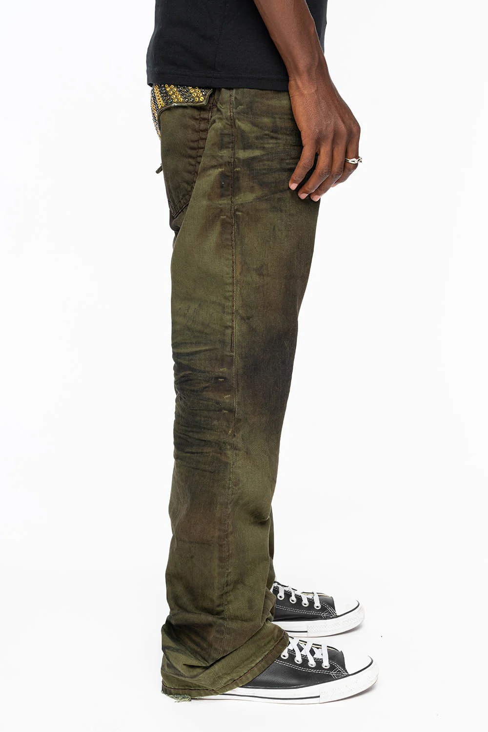 MENS LONG FLAP  BOOT CUT JEANS WITH  CRYSTALS IN FASHION VINTAGE GREEN - Image 6