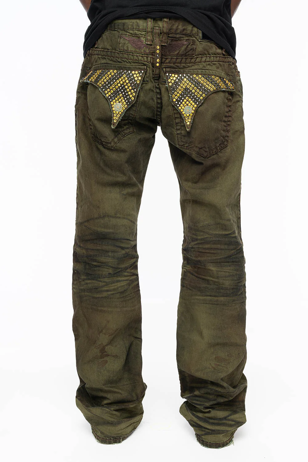 MENS LONG FLAP  BOOT CUT JEANS WITH  CRYSTALS IN FASHION VINTAGE GREEN - Image 7