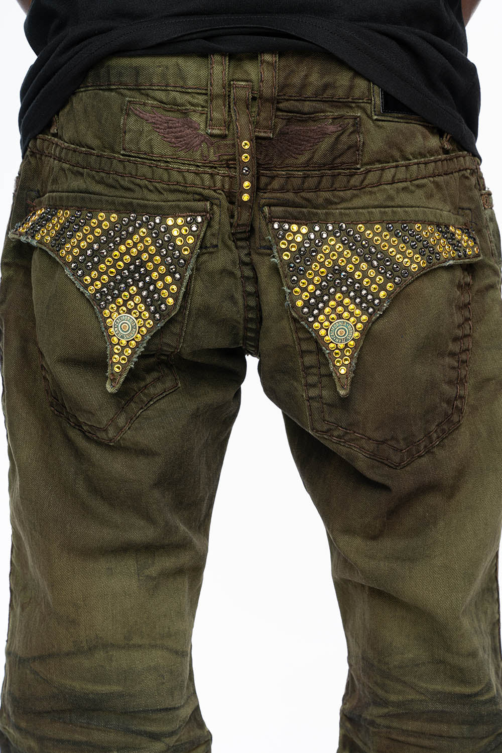 MENS LONG FLAP  BOOT CUT JEANS WITH  CRYSTALS IN FASHION VINTAGE GREEN - Image 8