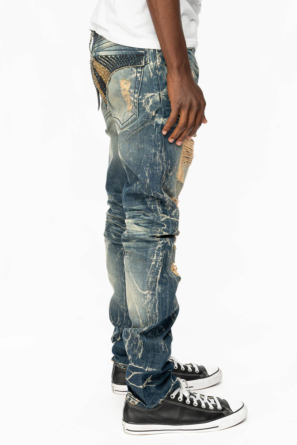 MENS LONG FLAP SLIM JEANS WITH FULL CRYSTALS IN 4D DARK BROKEN DNM - Image 3