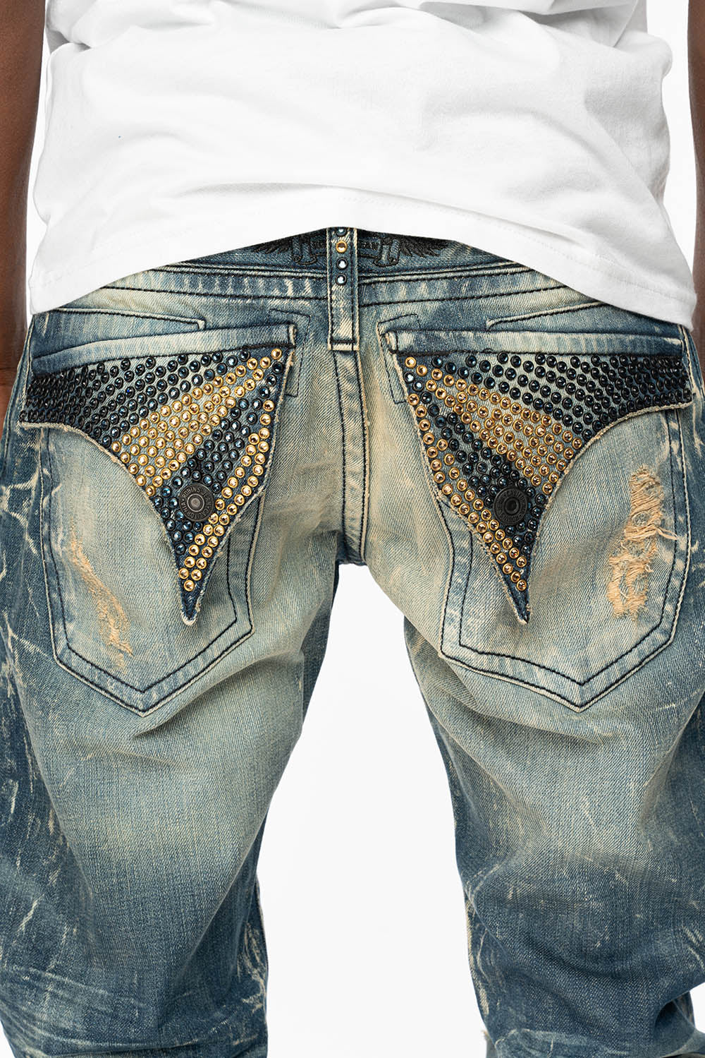MENS LONG FLAP SLIM JEANS WITH FULL CRYSTALS IN 4D DARK BROKEN DNM - Image 4