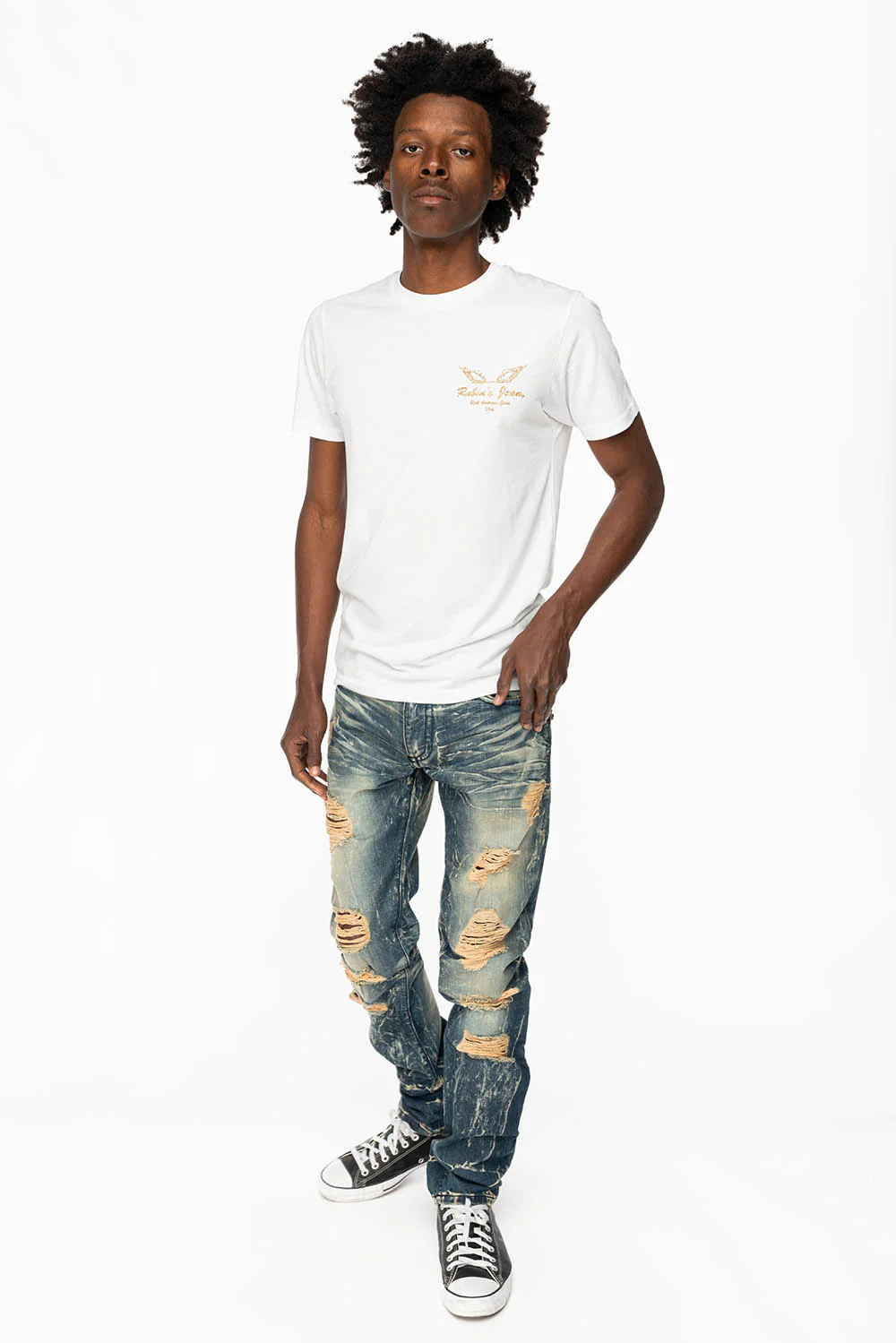 MENS LONG FLAP SLIM JEANS WITH FULL CRYSTALS IN 4D DARK BROKEN DNM - Image 5