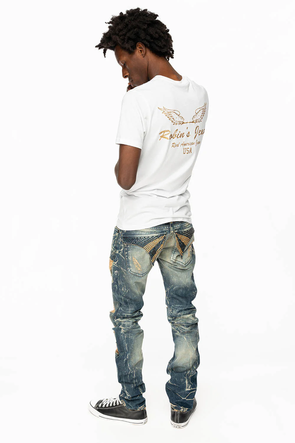 MENS LONG FLAP SLIM JEANS WITH FULL CRYSTALS IN 4D DARK BROKEN DNM - Image 7