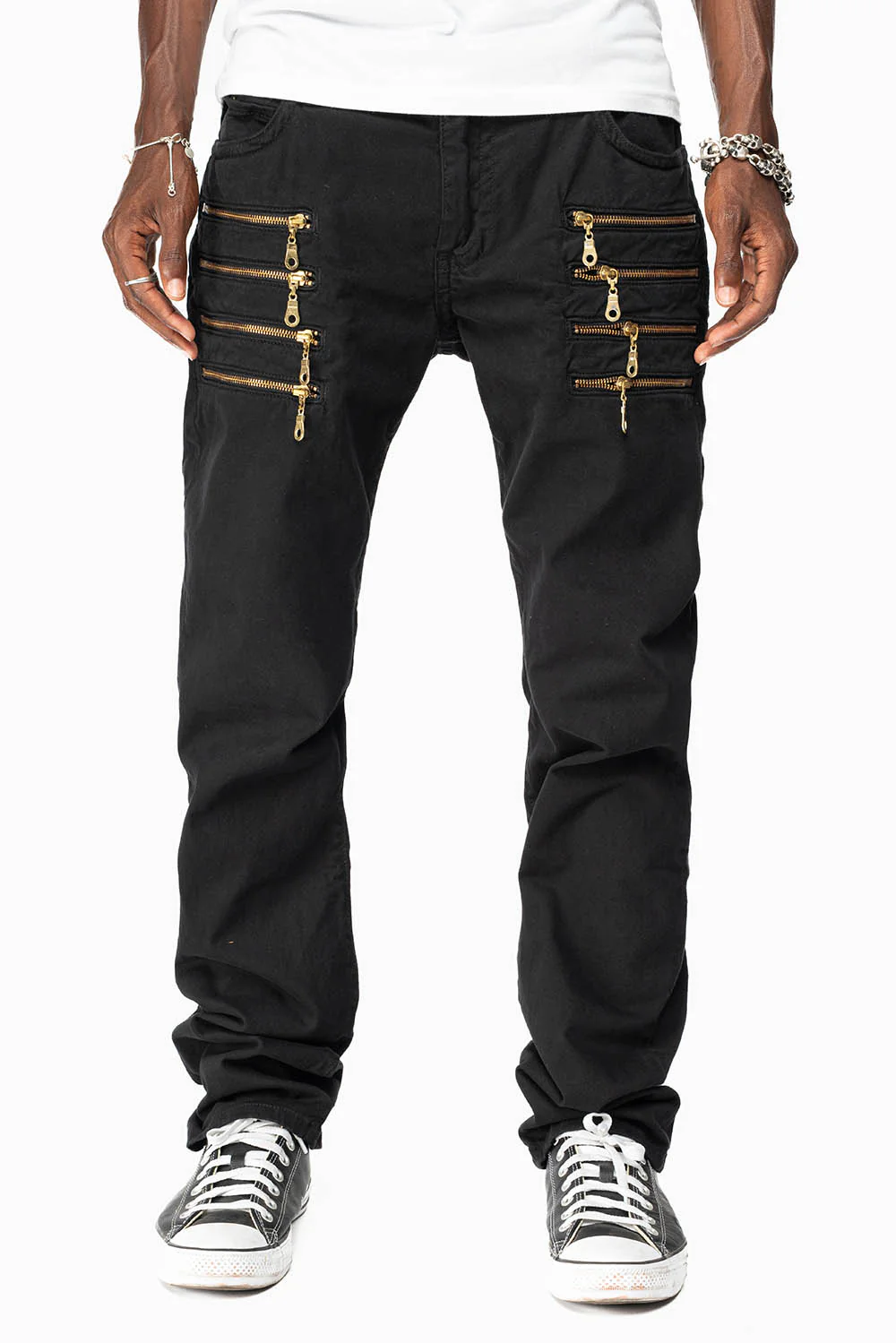 MENS MOTORCYCLE ZIPPER SLIM JEANS IN BLACK WITH STUDS AND CRYSTALS - Image 3