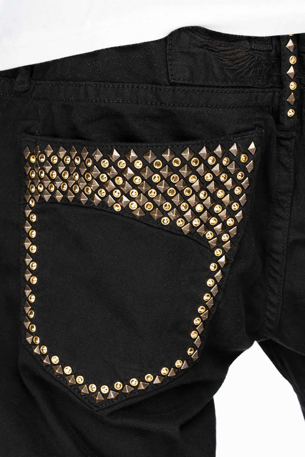 MENS MOTORCYCLE ZIPPER SLIM JEANS IN BLACK WITH STUDS AND CRYSTALS - Image 4