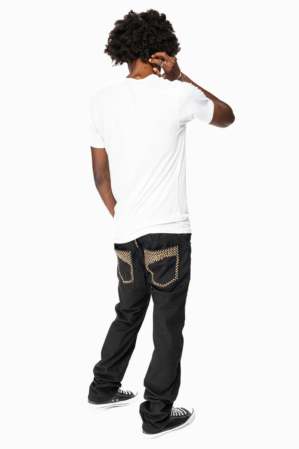 MENS MOTORCYCLE ZIPPER SLIM JEANS IN BLACK WITH STUDS AND CRYSTALS - Image 5