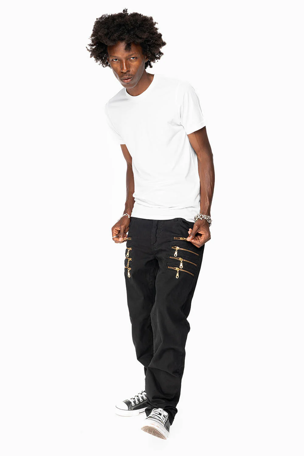 MENS MOTORCYCLE ZIPPER SLIM JEANS IN BLACK WITH STUDS AND CRYSTALS - Image 6