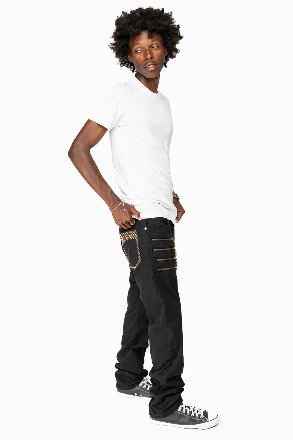 MENS MOTORCYCLE ZIPPER SLIM JEANS IN BLACK WITH STUDS AND CRYSTALS - Image 7