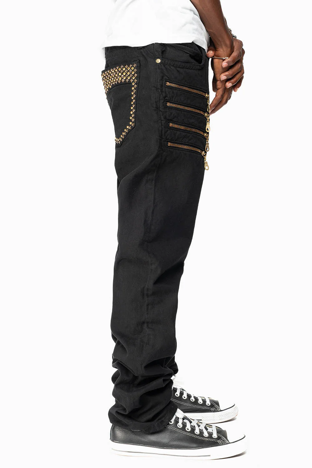 MENS MOTORCYCLE ZIPPER SLIM JEANS IN BLACK WITH STUDS AND CRYSTALS - Image 8