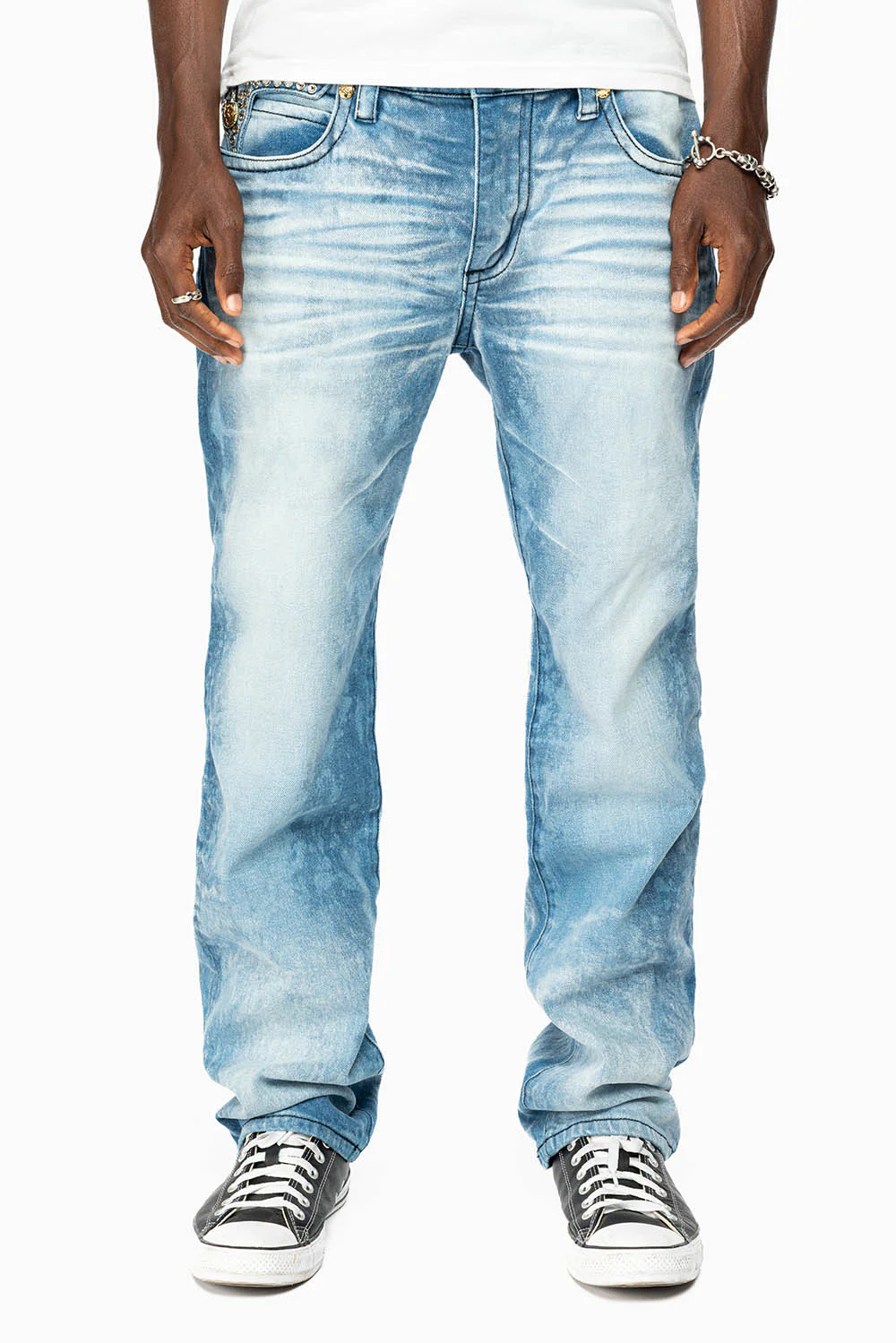 KILLER FLAP MENS STRAIGHT LEG JEAN IN 5D LIGHT BLUE WASH EMBELLISHED WITH CRYSTALS - Image 3