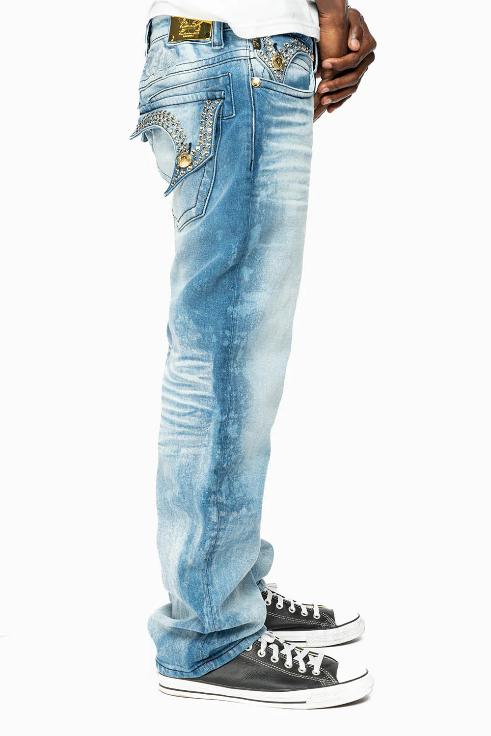 KILLER FLAP MENS STRAIGHT LEG JEAN IN 5D LIGHT BLUE WASH EMBELLISHED WITH CRYSTALS - Image 4