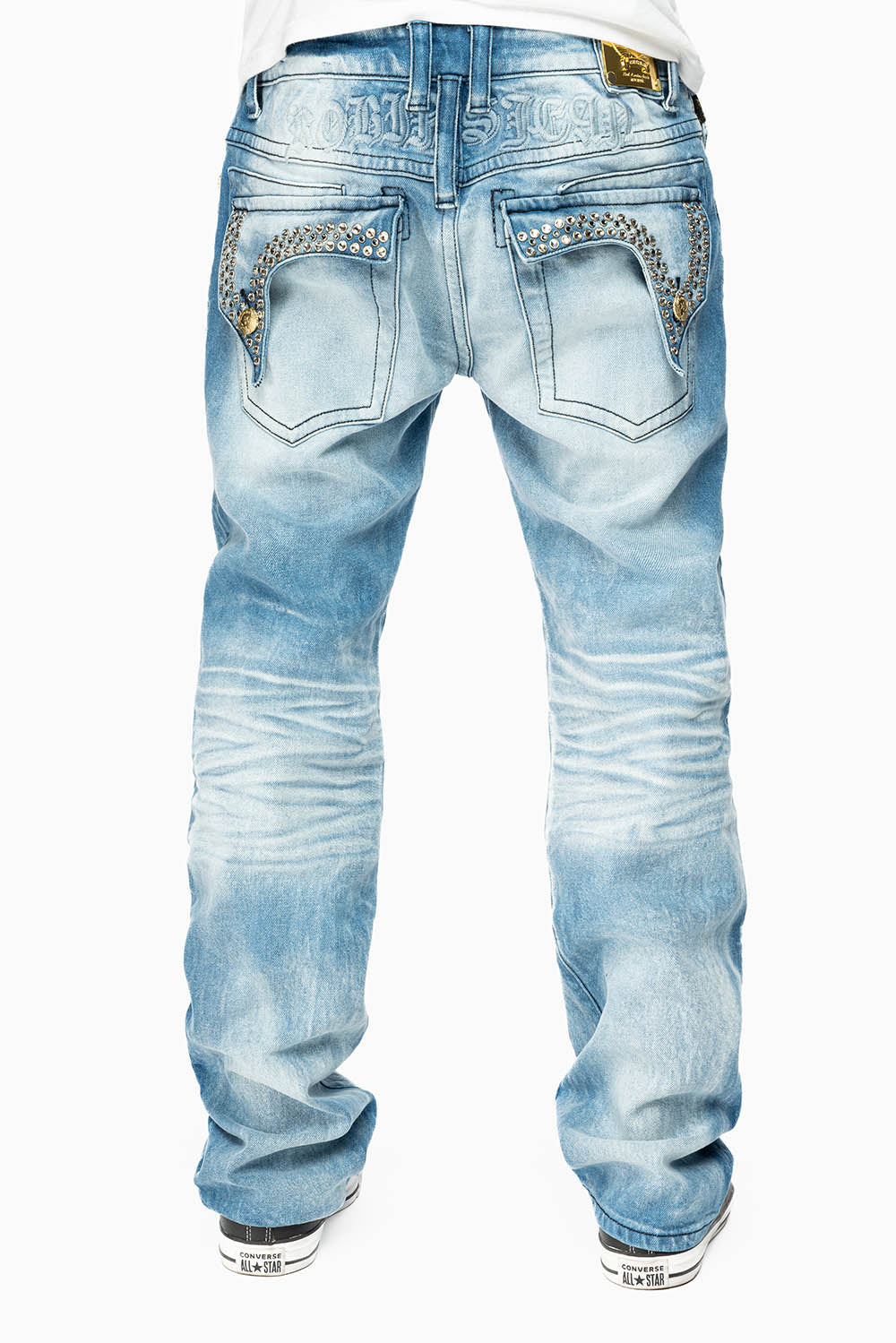 KILLER FLAP MENS STRAIGHT LEG JEAN IN 5D LIGHT BLUE WASH EMBELLISHED WITH CRYSTALS - Image 5