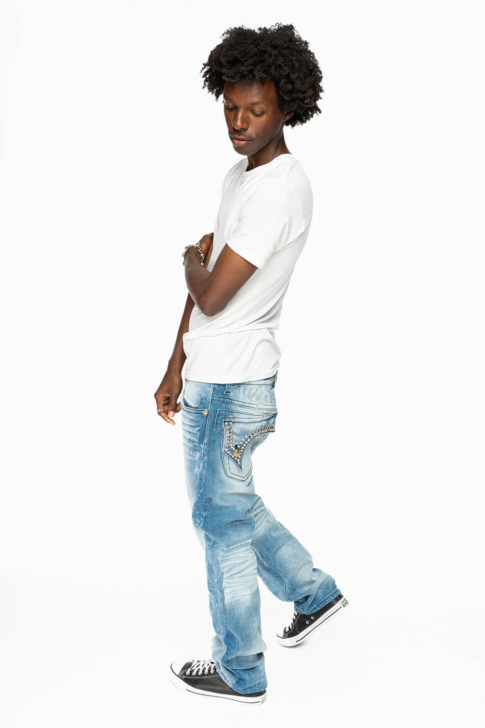 KILLER FLAP MENS STRAIGHT LEG JEAN IN 5D LIGHT BLUE WASH EMBELLISHED WITH CRYSTALS - Image 6