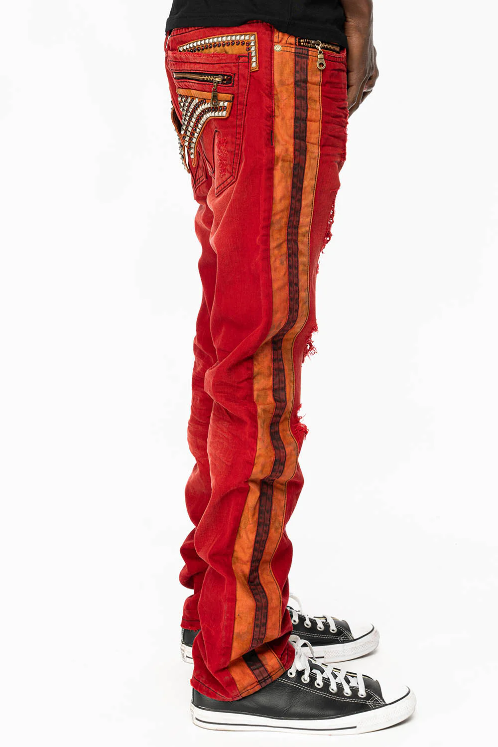 MINI FLAP MENS SLIM JEANS IN F-UP RED BROKEN WASH WITH CRYSTALS AND STUDS - Image 3