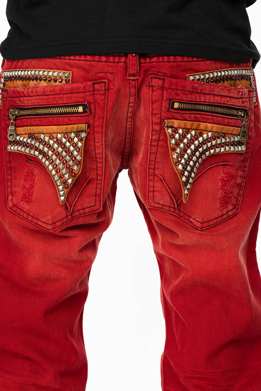 MINI FLAP MENS SLIM JEANS IN F-UP RED BROKEN WASH WITH CRYSTALS AND STUDS - Image 4