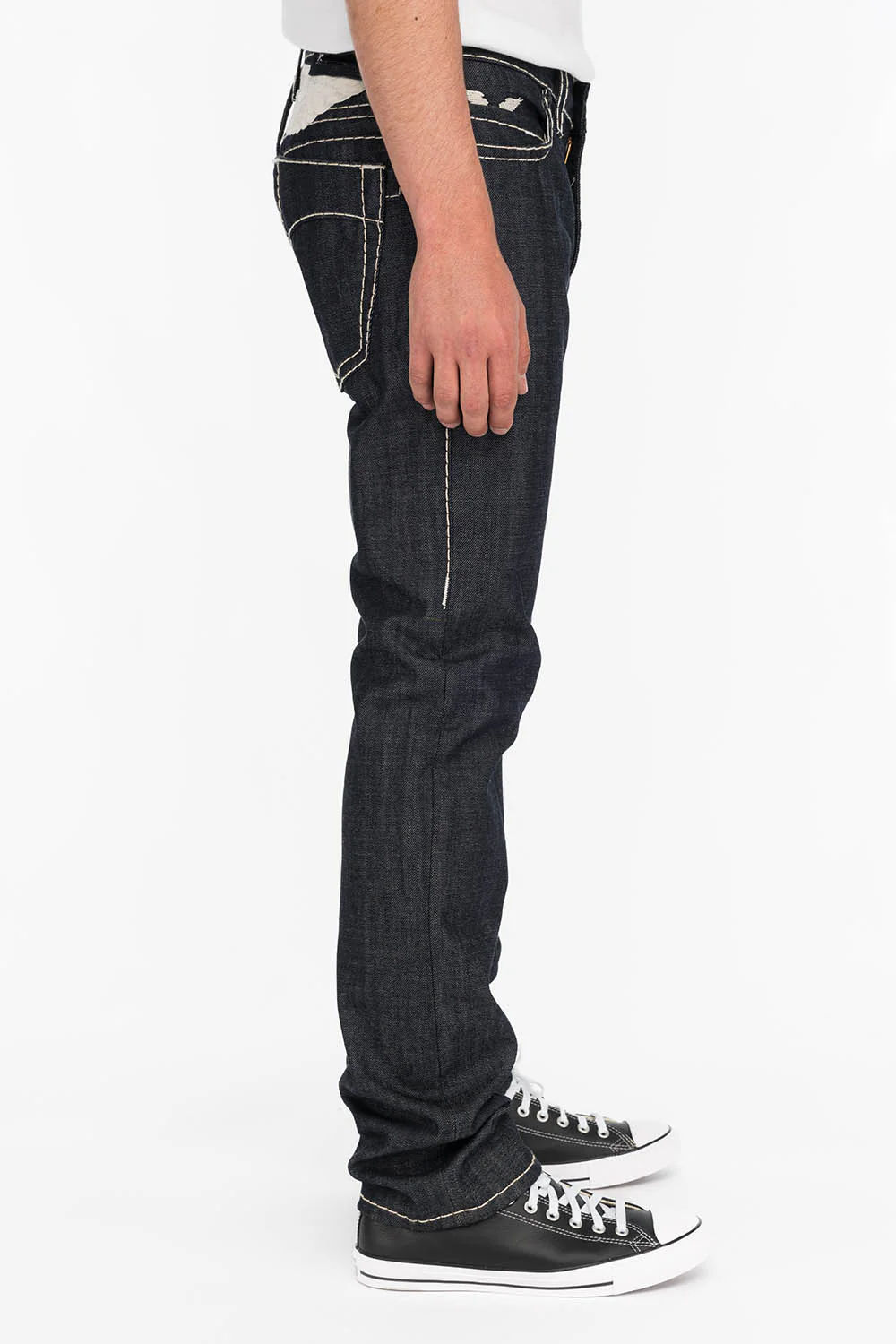 MENS RAW DENIM SLIM FIT CLASSIC JEANS WITH HEAVY STITCHING AND WHITE EMBROIDERED WINGS - Image 3