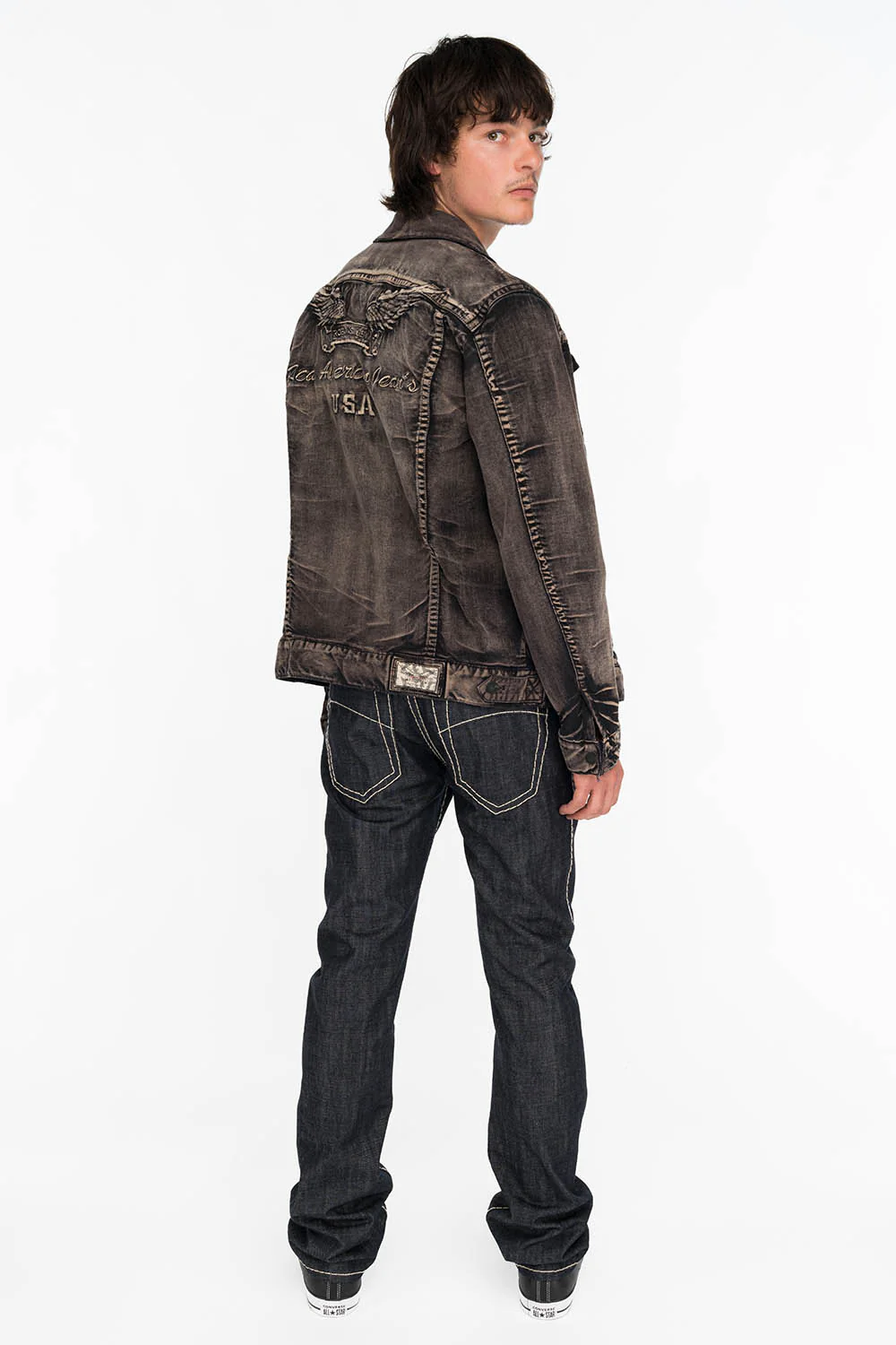 MENS RAW DENIM SLIM FIT CLASSIC JEANS WITH HEAVY STITCHING AND WHITE EMBROIDERED WINGS - Image 4