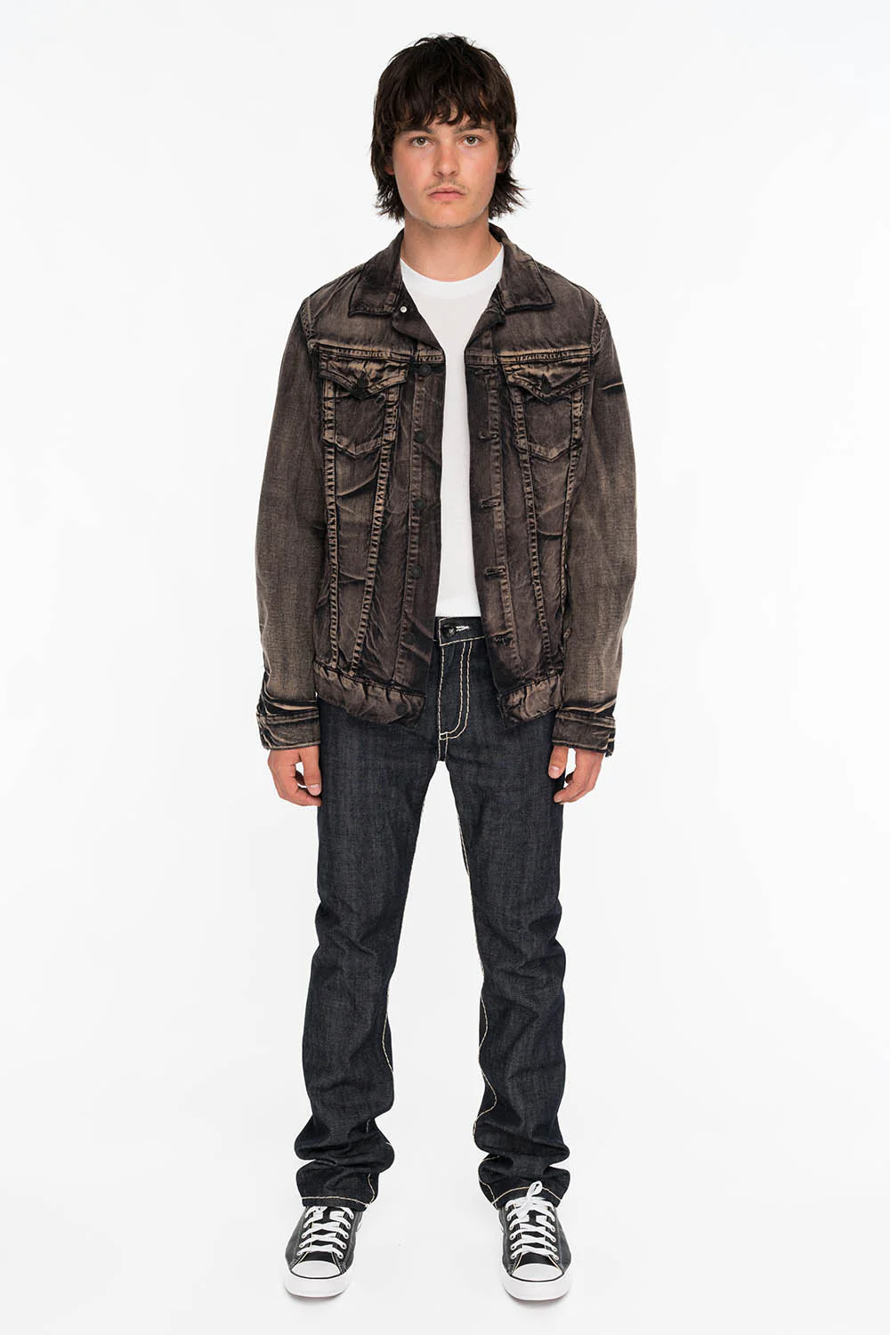 MENS RAW DENIM SLIM FIT CLASSIC JEANS WITH HEAVY STITCHING AND WHITE EMBROIDERED WINGS - Image 5