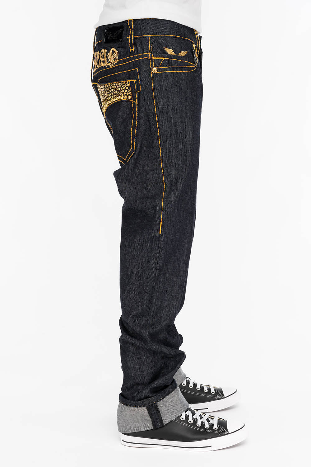 MENS RAW DENIM SLIM FIT CLASSIC JEANS WITH ORANGE HEAVY STITCHING STUDS AND CRYSTALS - Image 3