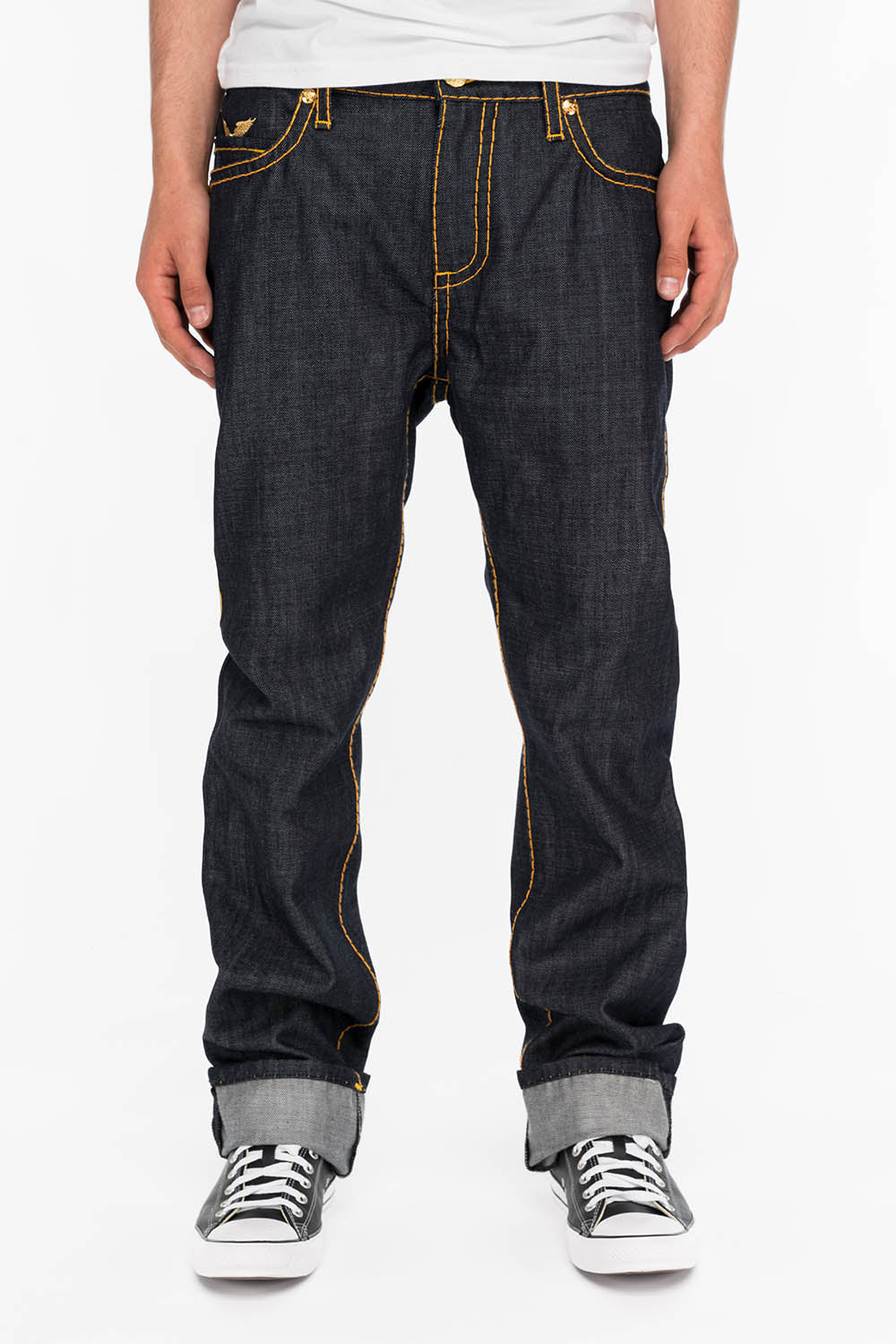 MENS RAW DENIM SLIM FIT CLASSIC JEANS WITH ORANGE HEAVY STITCHING STUDS AND CRYSTALS - Image 4