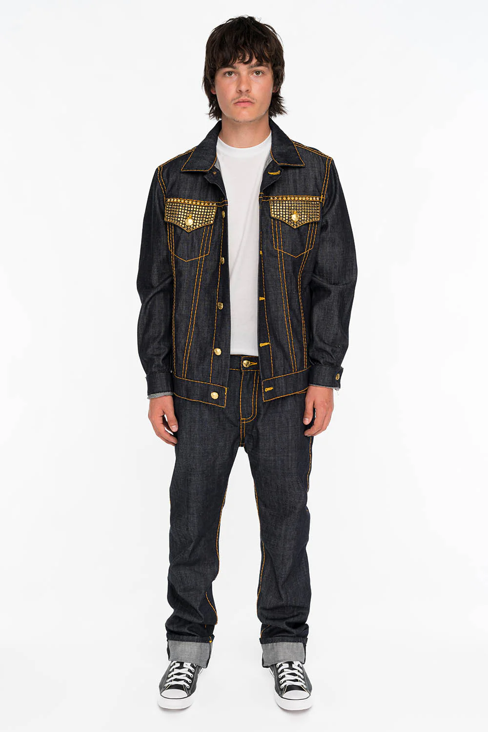 MENS RAW DENIM SLIM FIT CLASSIC JEANS WITH ORANGE HEAVY STITCHING STUDS AND CRYSTALS - Image 5