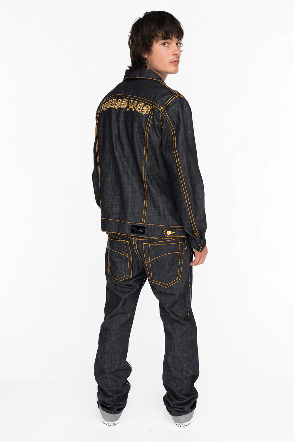 MENS RAW DENIM SLIM FIT CLASSIC JEANS WITH ORANGE HEAVY STITCHING AND EMBROIDERED WINGS - Image 3