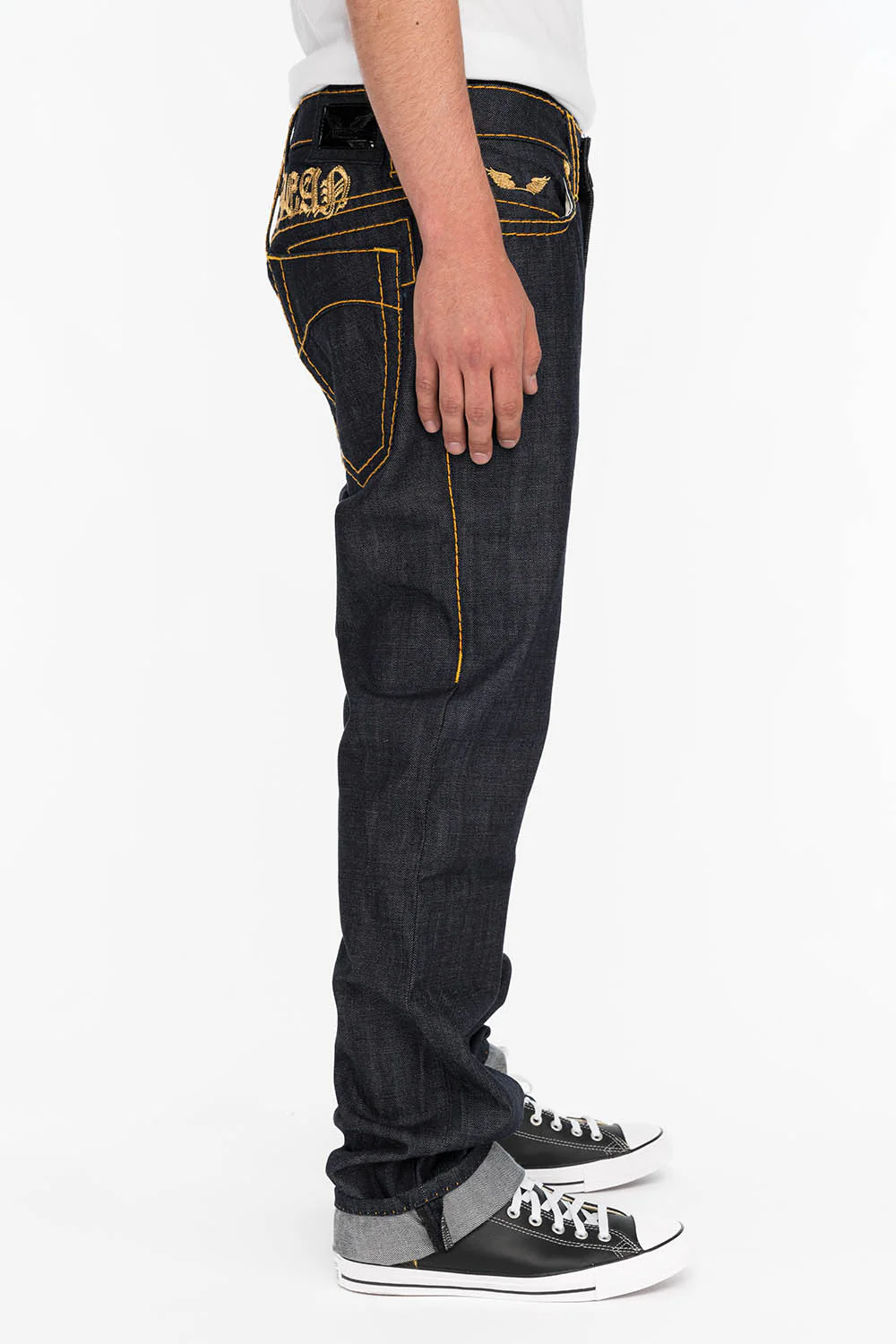 MENS RAW DENIM SLIM FIT CLASSIC JEANS WITH ORANGE HEAVY STITCHING AND EMBROIDERED WINGS - Image 4