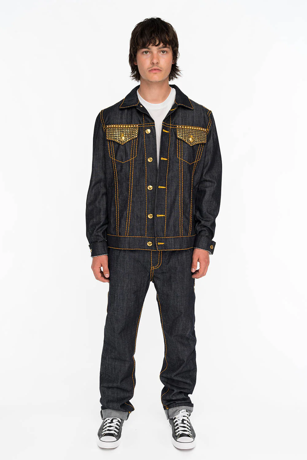 MENS RAW DENIM SLIM FIT CLASSIC JEANS WITH ORANGE HEAVY STITCHING AND EMBROIDERED WINGS - Image 5