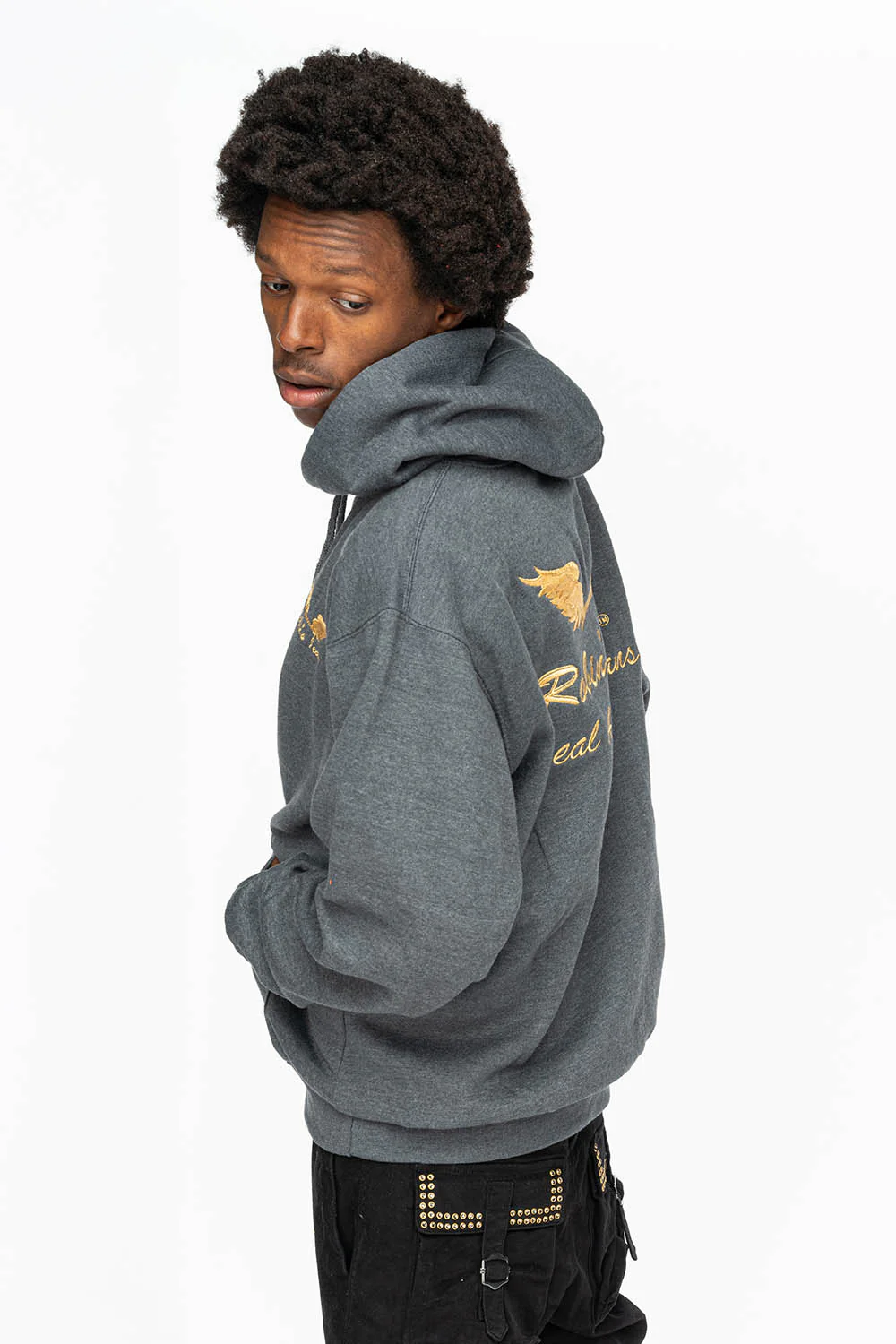 PULLOVER HOODIE IN DARK HEATHER  WITH GOLD WINGS EMBROIDERY - Image 3