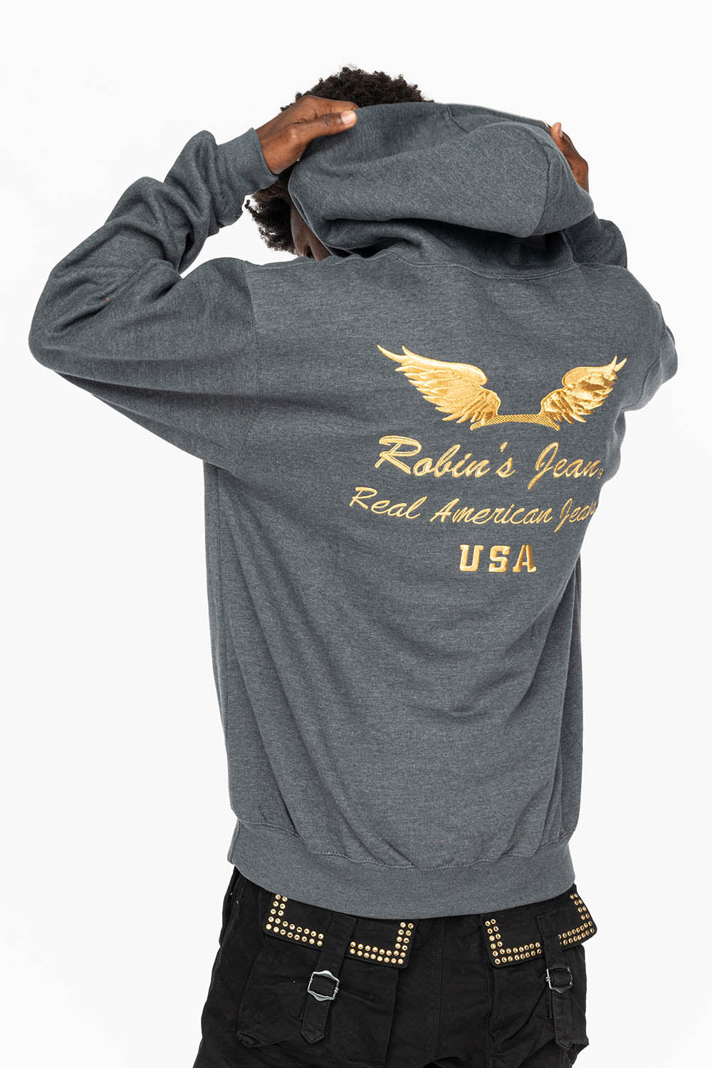 PULLOVER HOODIE IN DARK HEATHER  WITH GOLD WINGS EMBROIDERY - Image 4