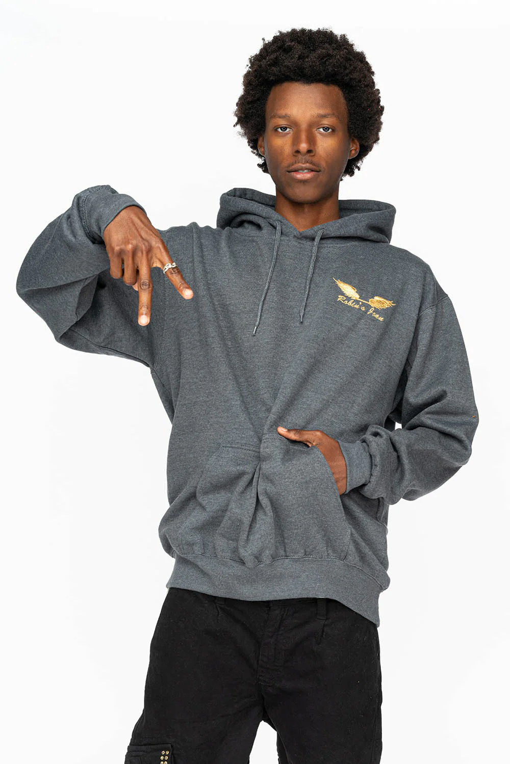 PULLOVER HOODIE IN DARK HEATHER  WITH GOLD WINGS EMBROIDERY - Image 5